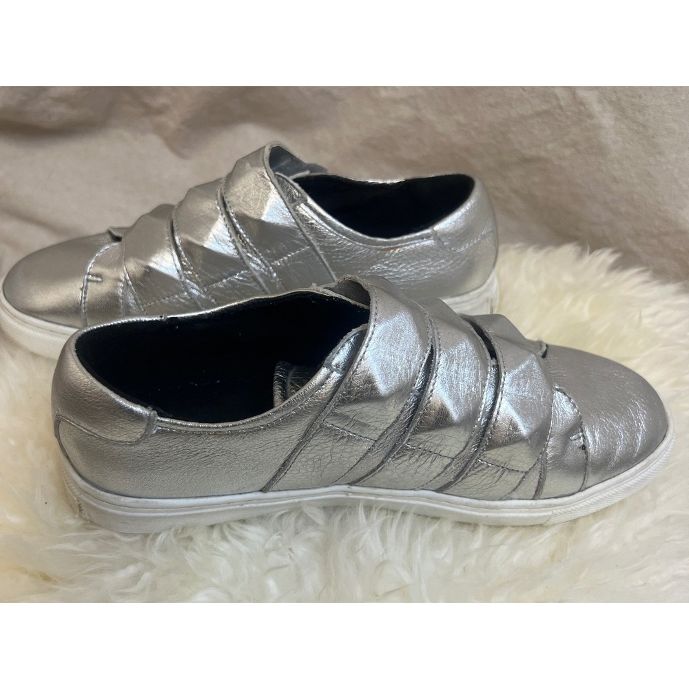 Rebecca Minkoff Sneakers Silver Metallic Leather Triple Strap Sz 7 Low Top Edgy
